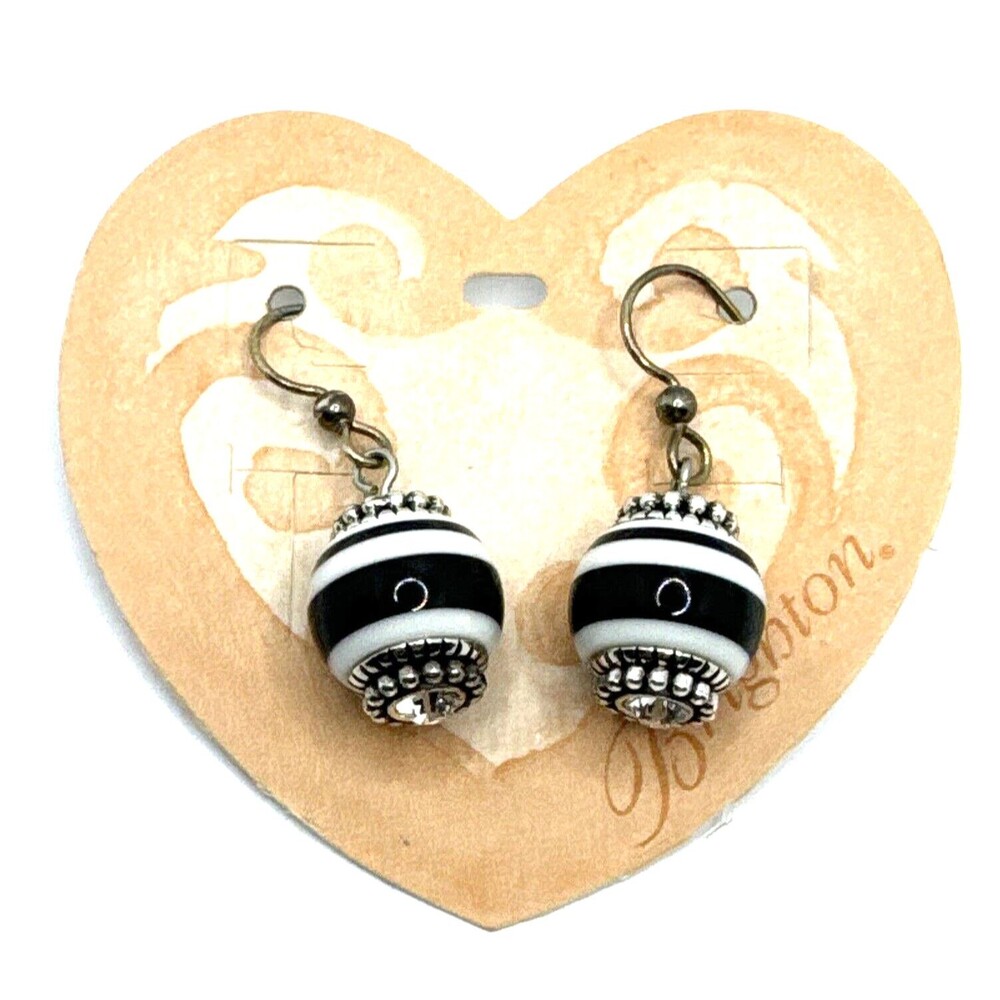 Brighton Glimmer Twist + 2 Sugar Stripe Black/White Beads Silver Earrings NWT
